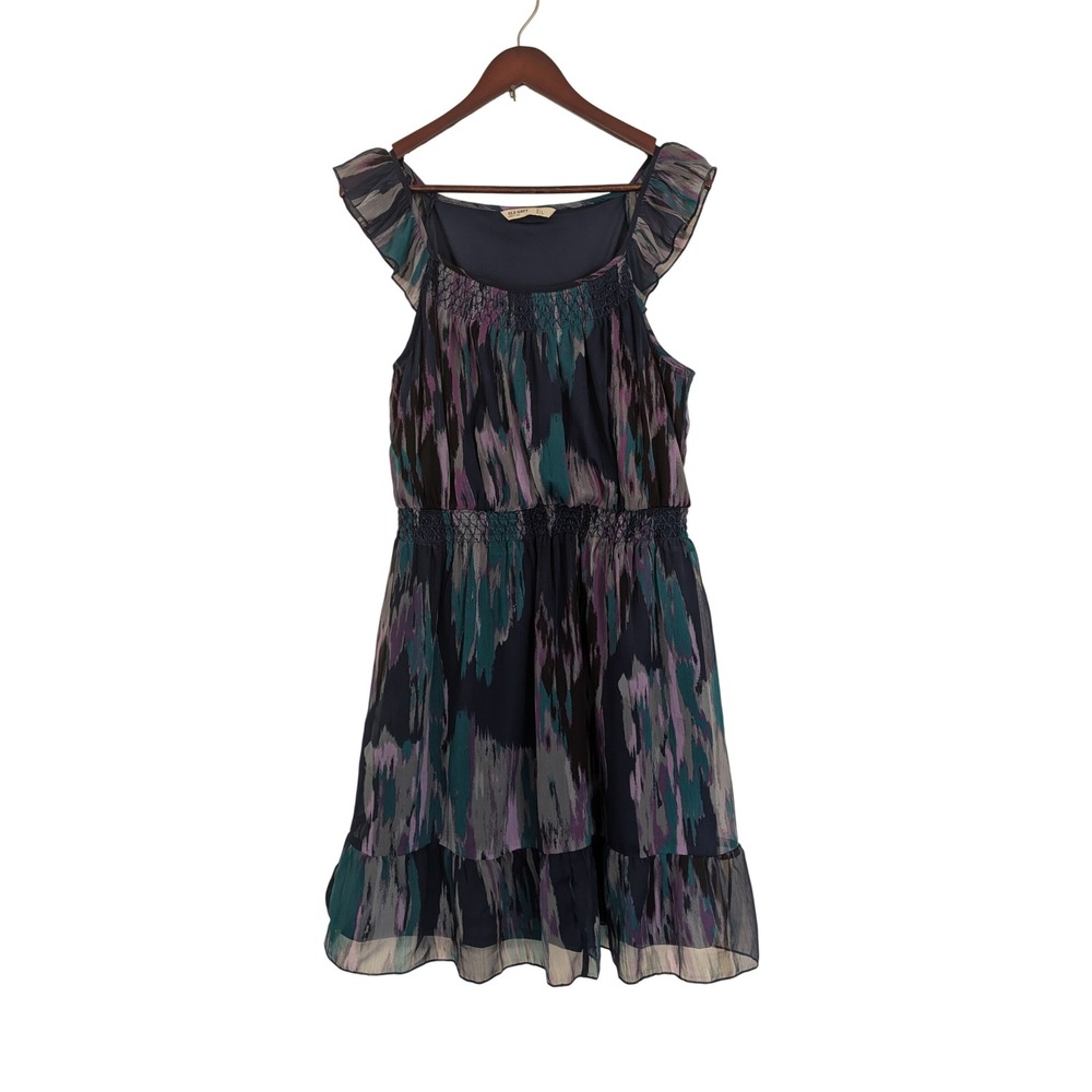 Old‎ Navy Womens Large Teal Purple Abstract Ikat Ruffle Smocked Mini Dress L